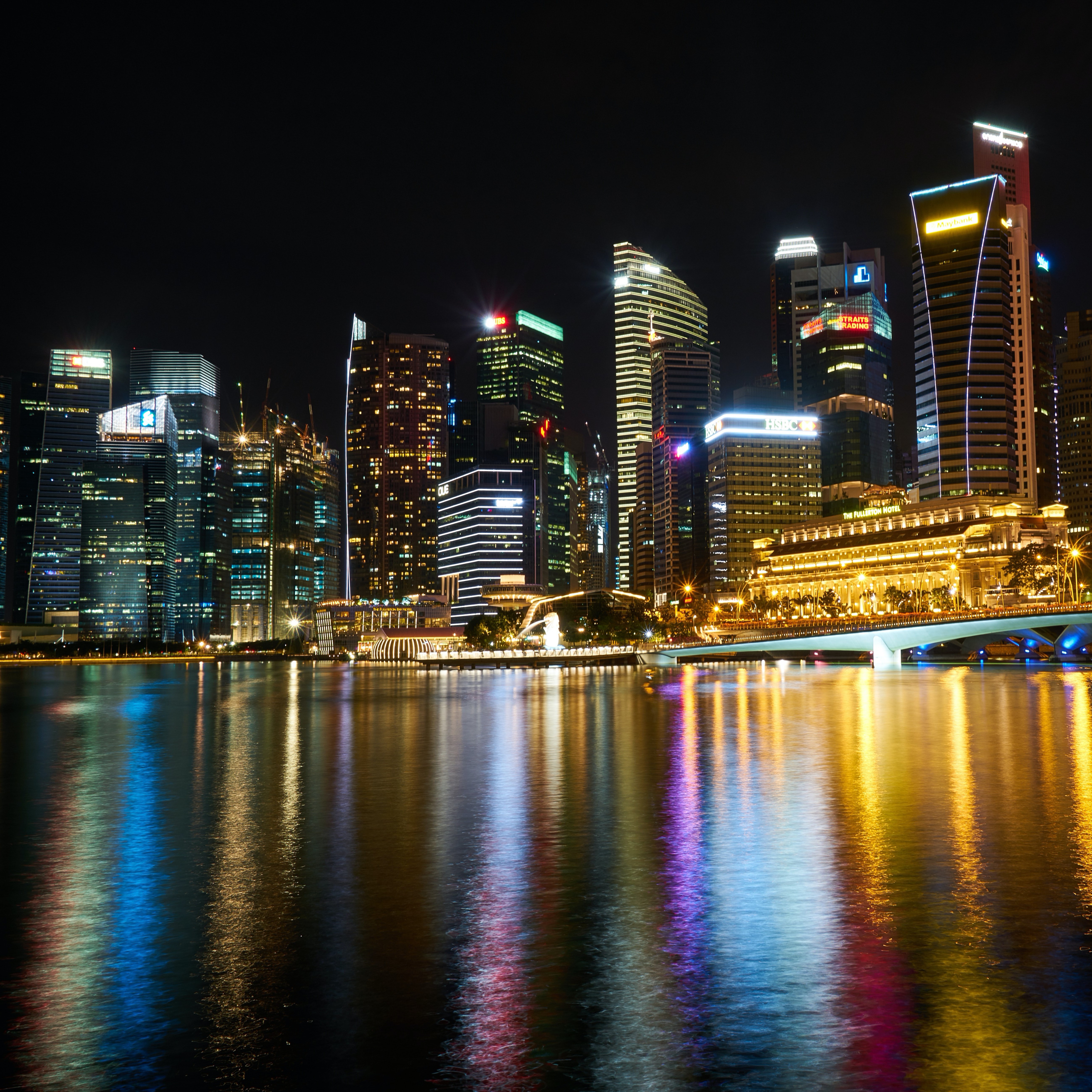 The Singapore skyline at night.